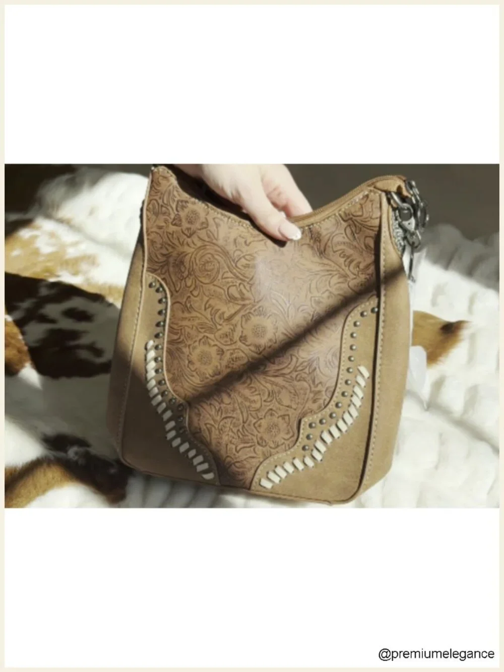 Leather Western Tooling Crossbody Hobo Bag with Whipstitch